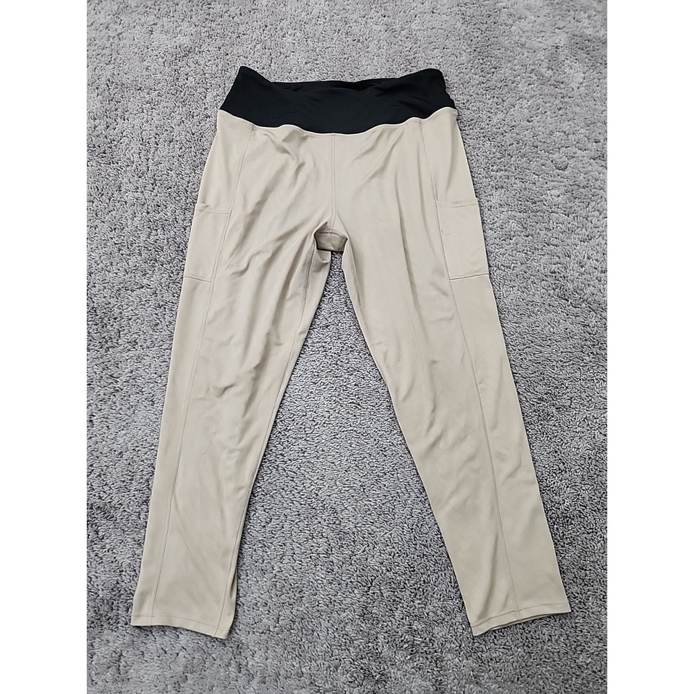 Tahari Sport Leggings Womens XL Beige Black High Rise Pockets Cropped Activewear